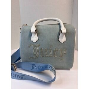 Juicy Couture Denim & White Satchel Handbag Rhinestone Logo Purse Crossbody